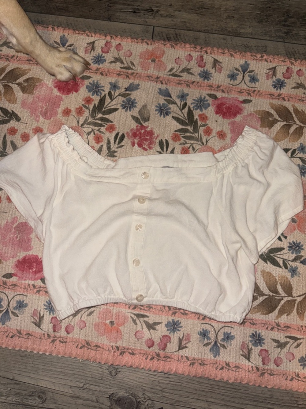 Off-Shoulder White Button-Front Crop Top with Elastic Hem